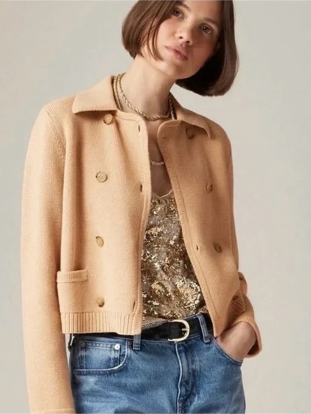 J. Crew Marielle Cropped Cardigan Knit in Honey Sand XS